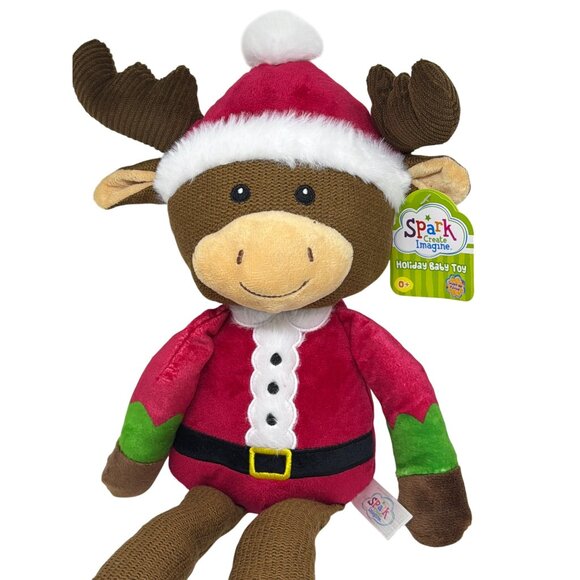 NWT Spark Create Imagine Santa Moose Baby Plush Soft Knit Rattle Toy Christmas - Picture 2 of 4